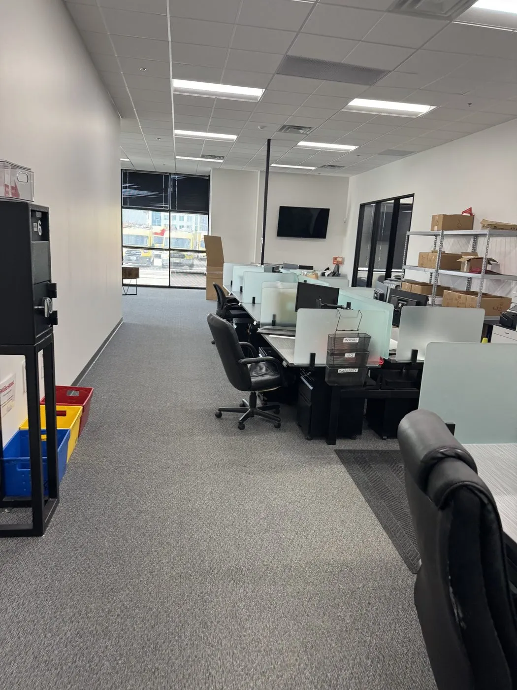 Open office with desks and storage after a Dallas-Fort Worth janitorial service visit